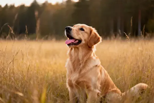 金毛寻回犬于草地休憩场景
