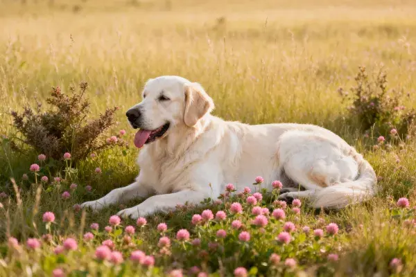 金毛猎犬躺卧于花草繁茂的开阔草地