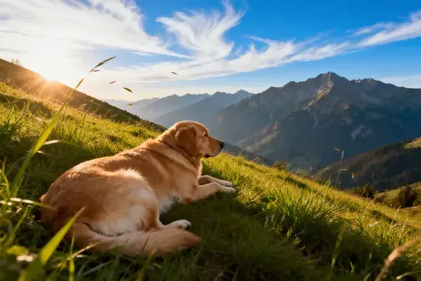 金毛寻回犬趴卧山坡草地