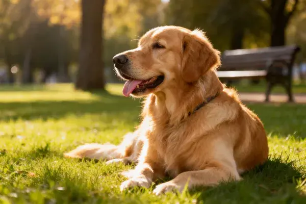 阳光草坪上的金毛寻回犬