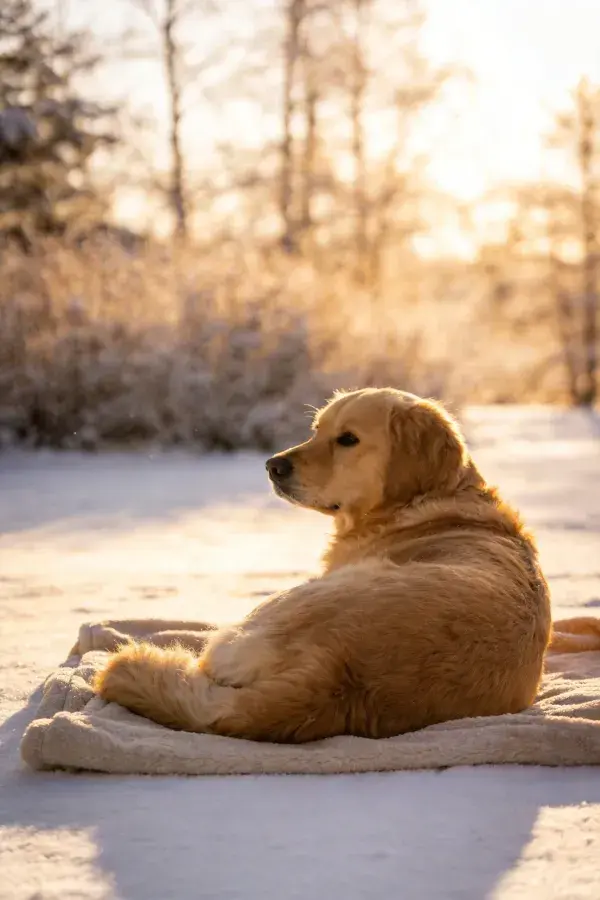 雪地中休息的金毛寻回犬