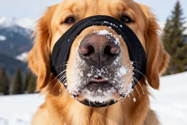 雪地中戴黑色面罩的金毛寻回犬特写