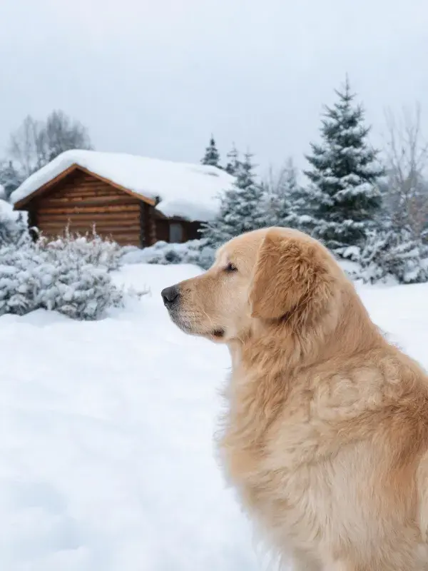雪景中木屋旁的金毛猎犬