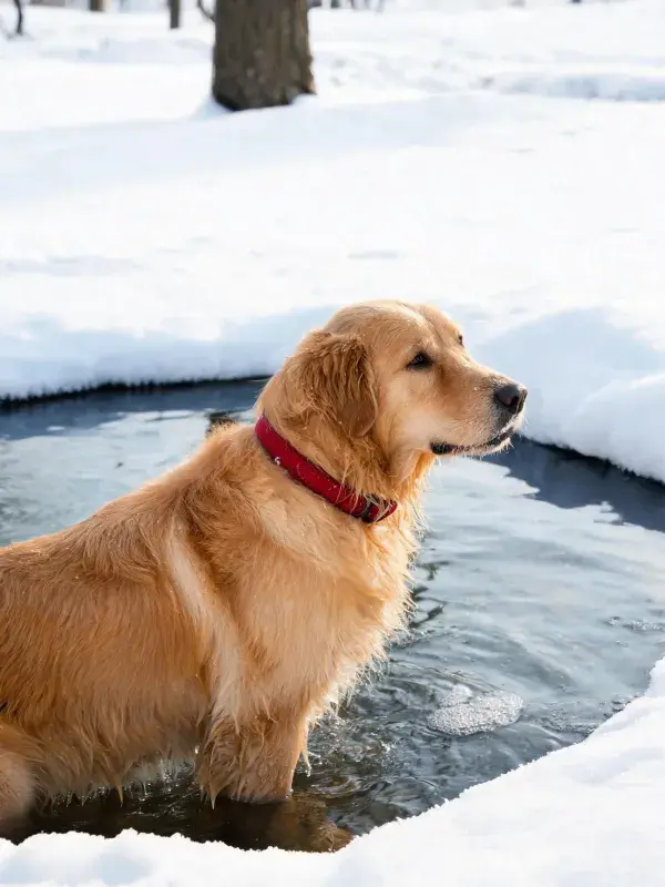 金毛猎犬雪地水域特写