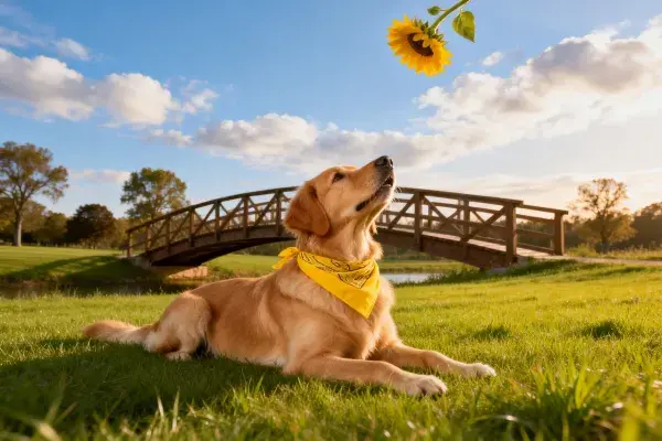 草地木桥旁的金毛猎犬与向日葵