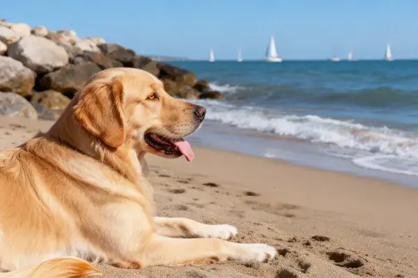 海滩边休憩的金毛寻回犬