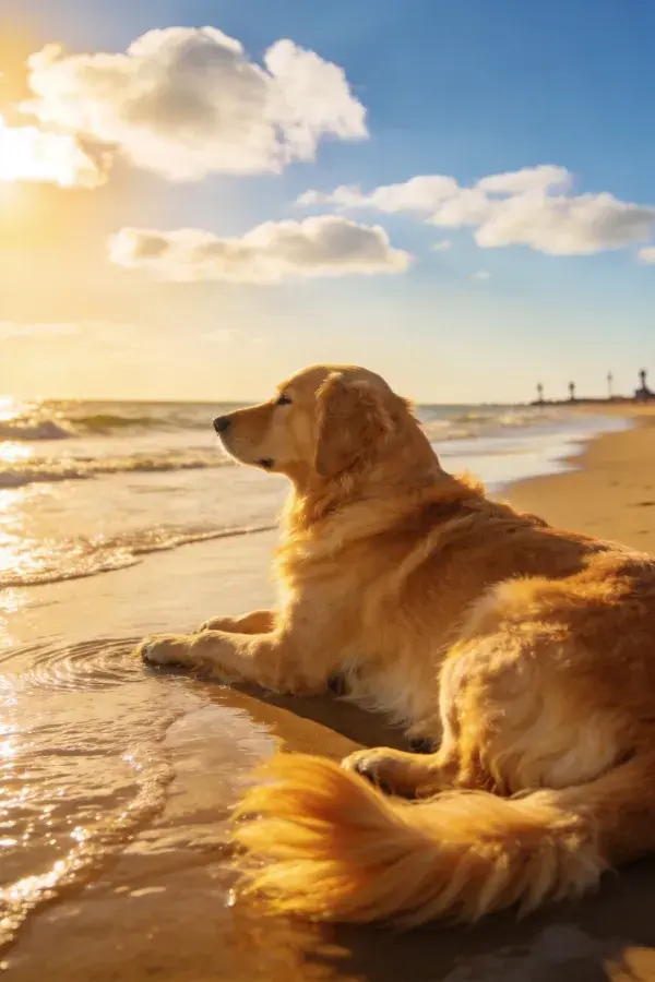 海滩浅水处金毛犬休憩
