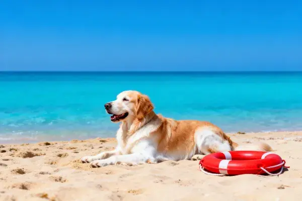 海滩上的金毛猎犬与救生圈场景