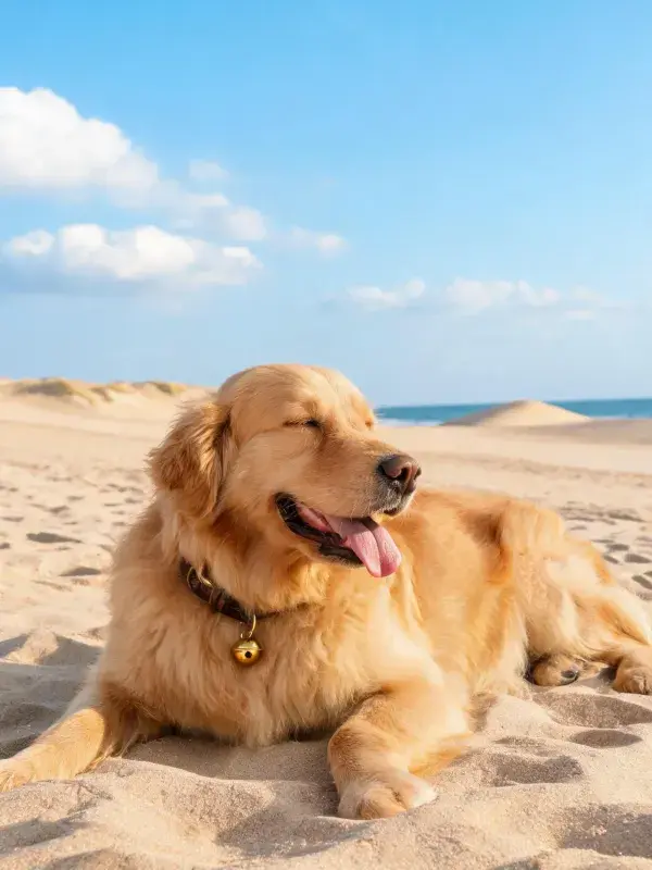 沙滩上金毛猎犬休憩场景