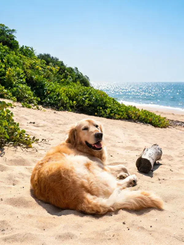 海滩沙地上的金毛寻回犬休憩场景