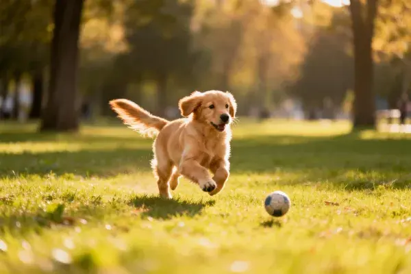 阳光草坪上的金毛幼犬追逐运动球