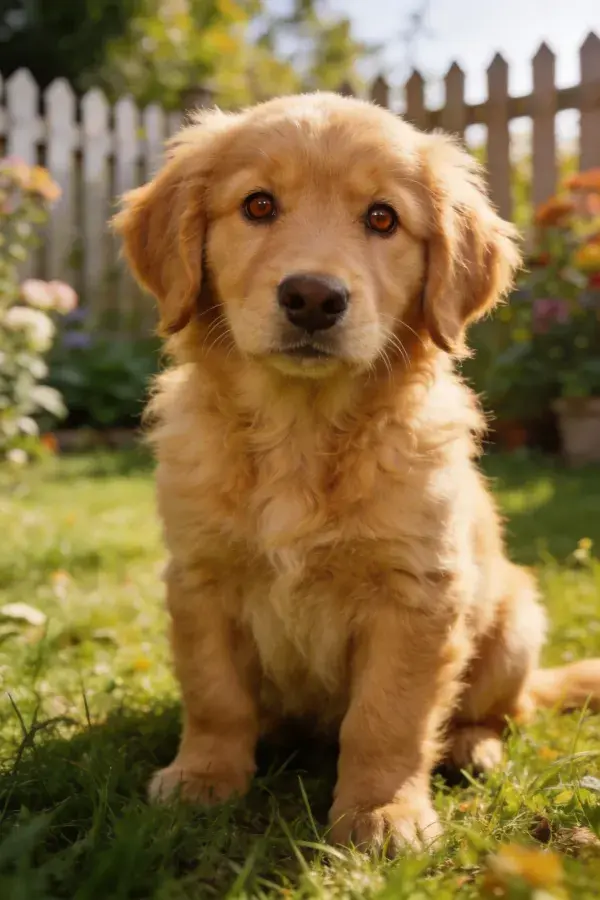 金毛幼犬于花园草地坐姿