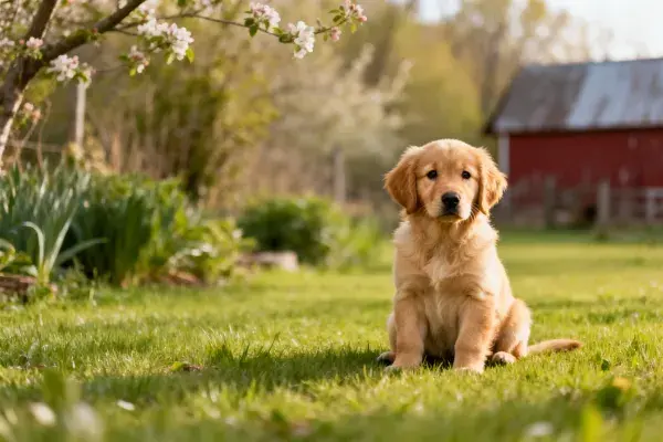阳光草地上的金毛幼犬照片