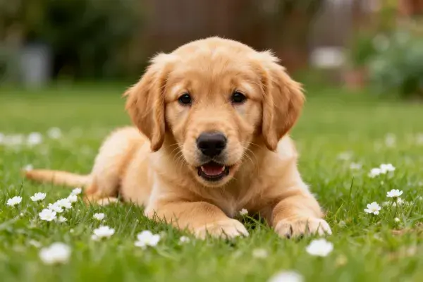 金毛幼犬于花草草地休憩场景