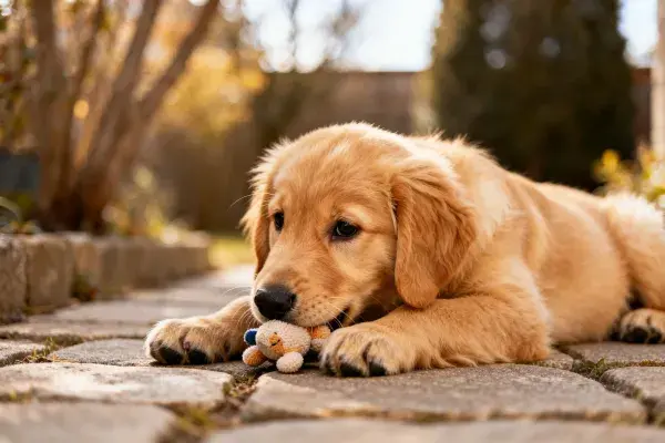金毛幼犬玩玩具于石板路场景