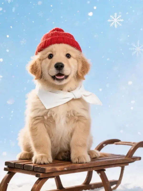 金毛幼犬雪景木制雪橇特写