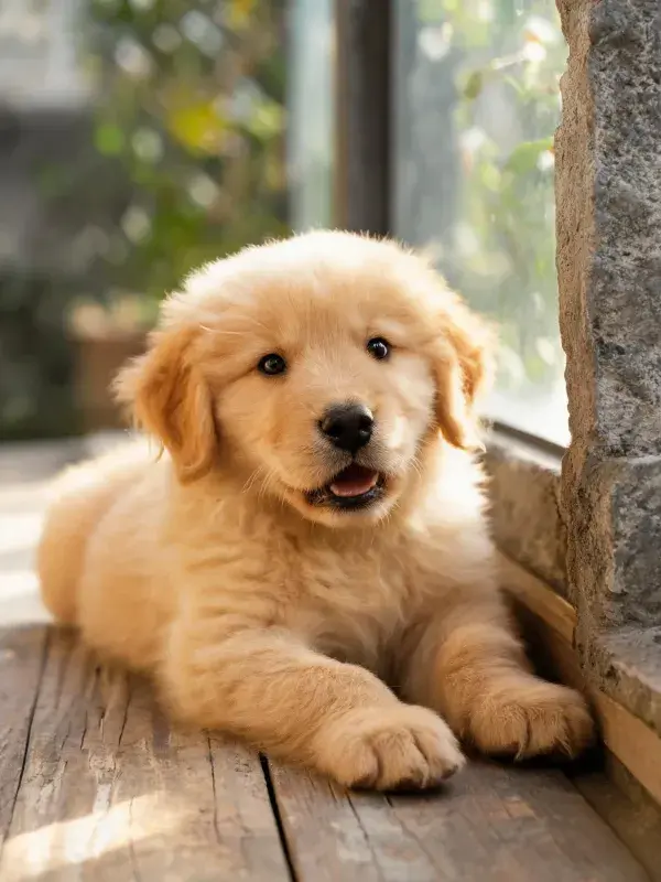 木窗边躺卧的金毛幼犬