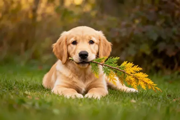 草地上的金毛幼犬衔枝场景