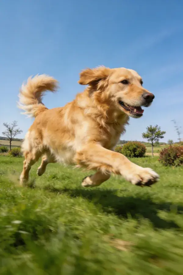 金毛寻回犬在开阔草地上奔跑的场景