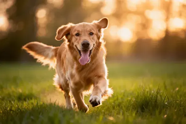 阳光草地上的金毛寻回犬奔跑图