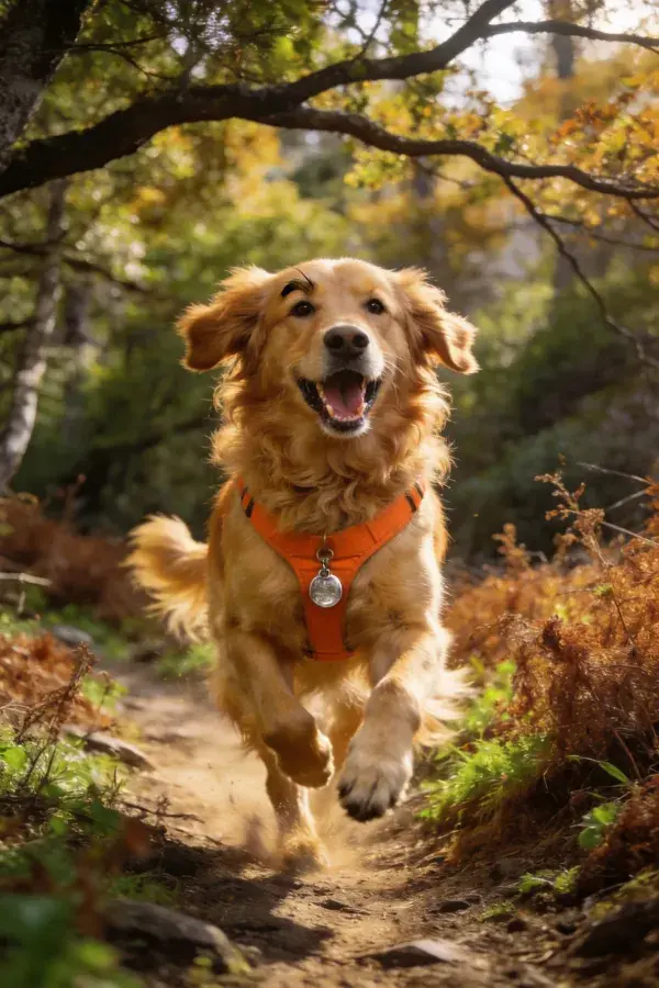 森林小径上奔跑的金毛寻回犬