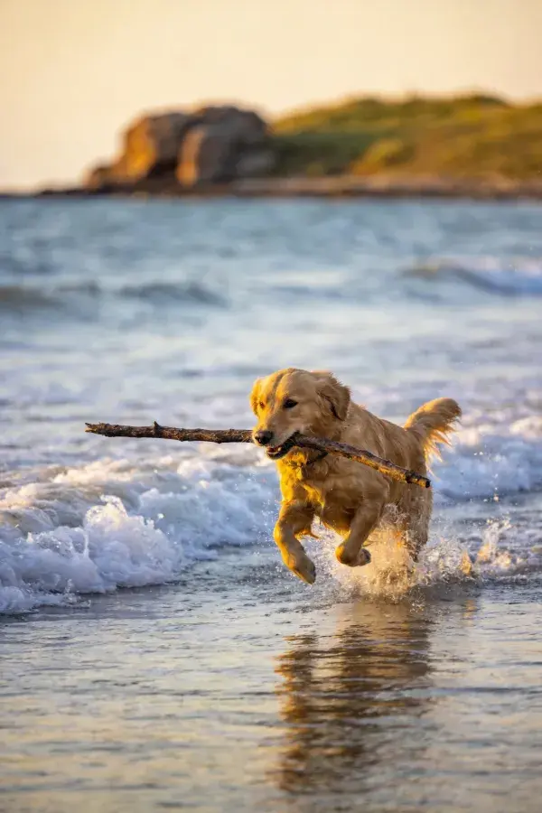 金毛犬海滩衔木玩耍场景