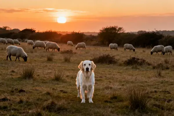 金毛寻回犬与牧场黄昏放牧场景