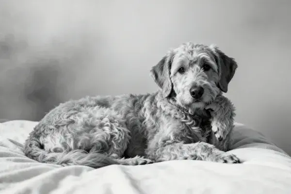 拉布拉多贵宾混种犬躺卧特写