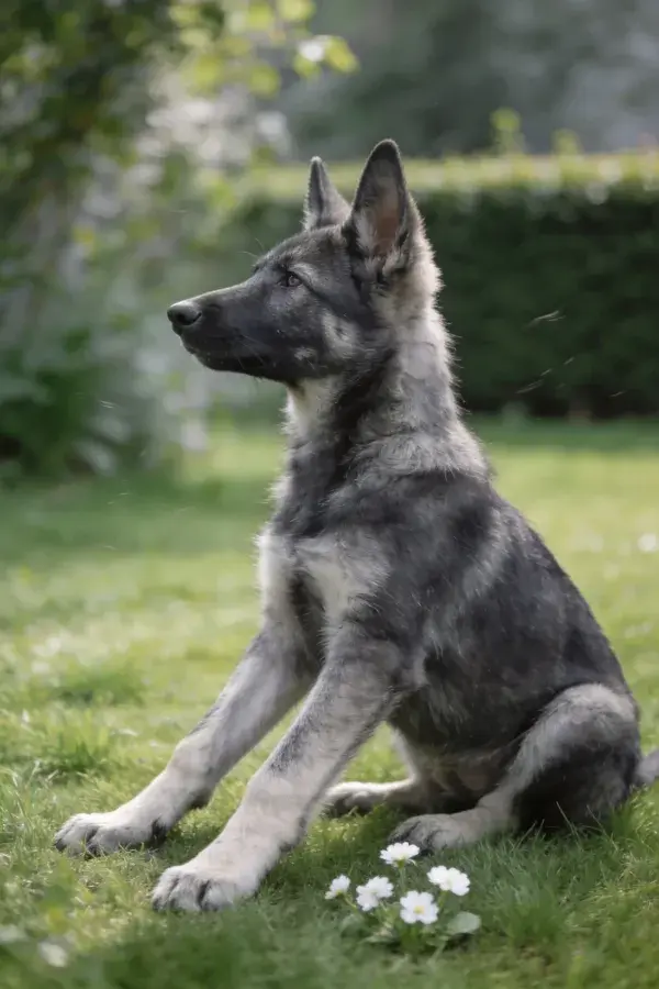 青草地上坐着的德国牧羊犬幼犬
