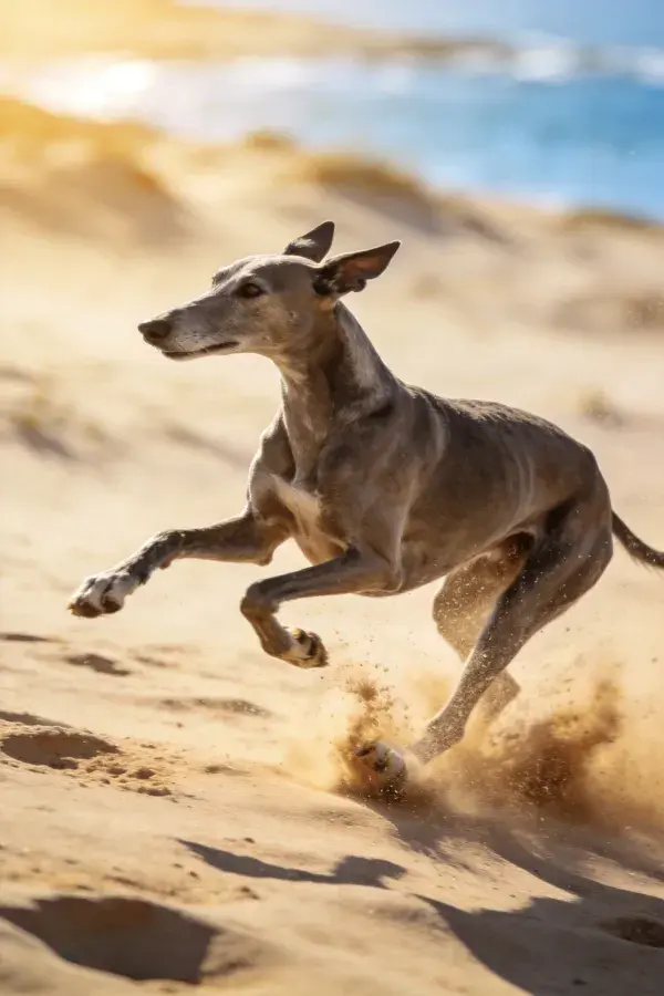 阳光沙滩上灵缇犬奔跑瞬间