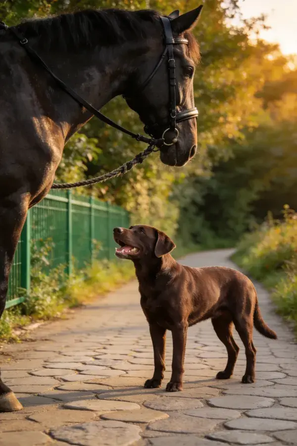 马与巧克力拉布拉多犬的互动场景捕捉