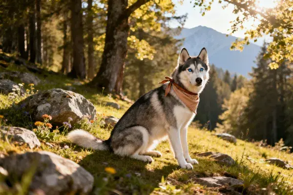 西伯利亚雪橇犬山林户外特写场景