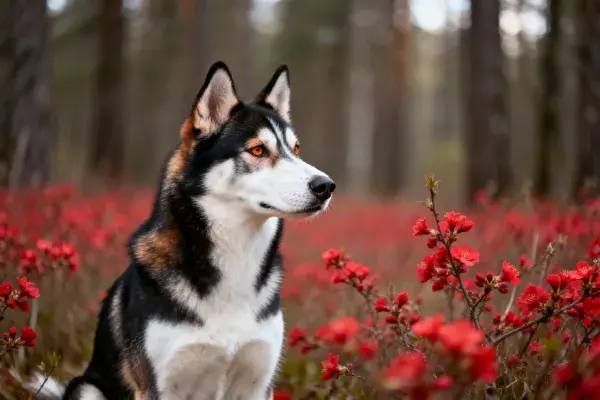 森林中红花旁的西伯利亚雪橇犬