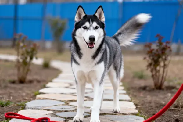 西伯利亚雪橇犬站在石板小径上