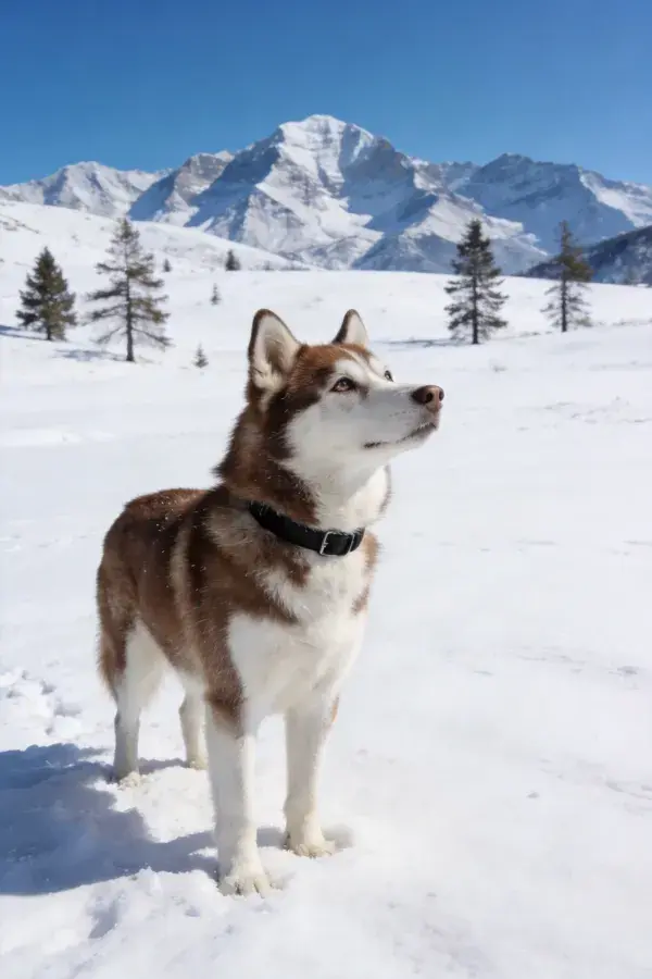 雪地中棕白双色西伯利亚雪橇犬站立