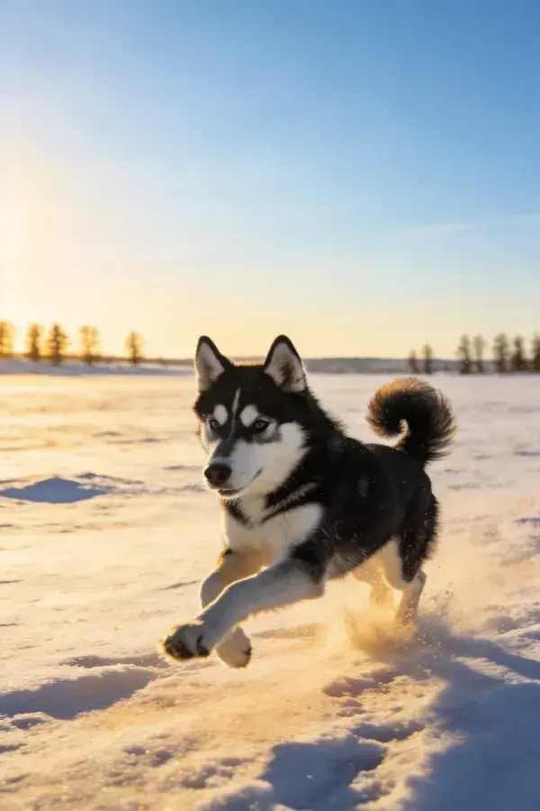 雪地中奔跑的西伯利亚雪橇犬