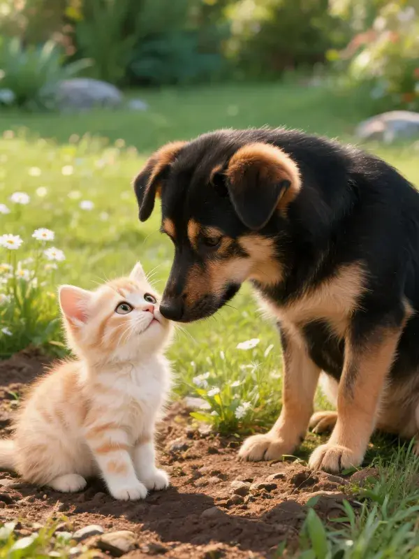 德国牧羊犬幼犬与橙色短毛家猫的互动场景