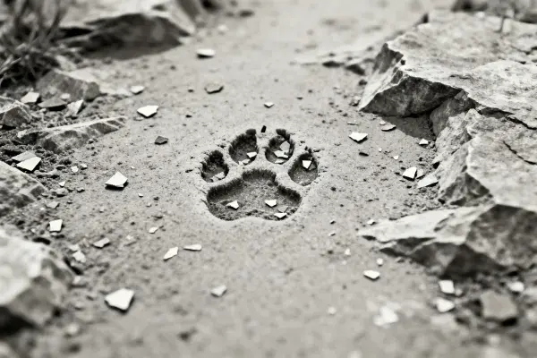 碎石地面上的猫科动物足迹场景