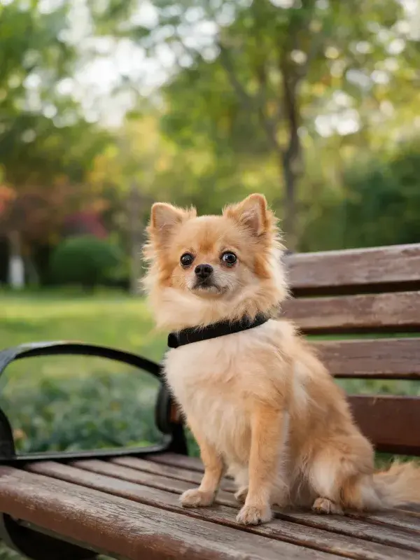 阳光下长椅上的博美犬特写