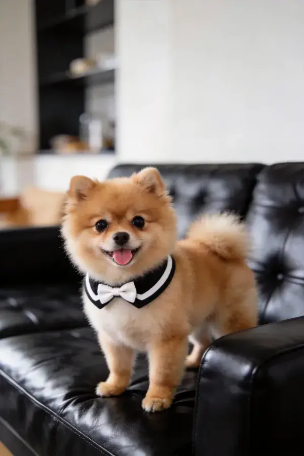 博美犬站在黑色皮沙发上