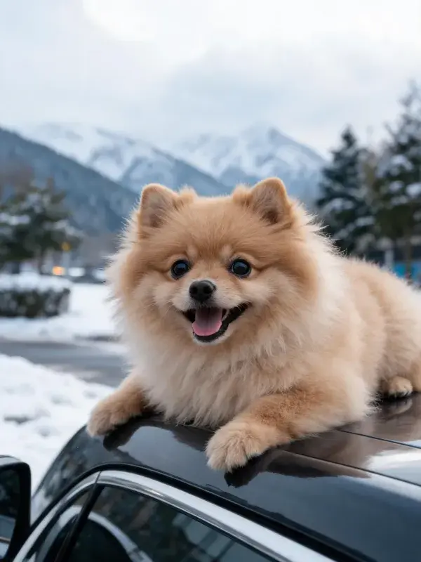 雪景中车顶上的博美犬特写