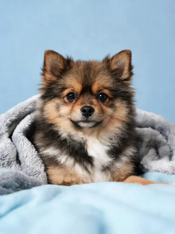 黑棕相间博美犬被毯包裹特写