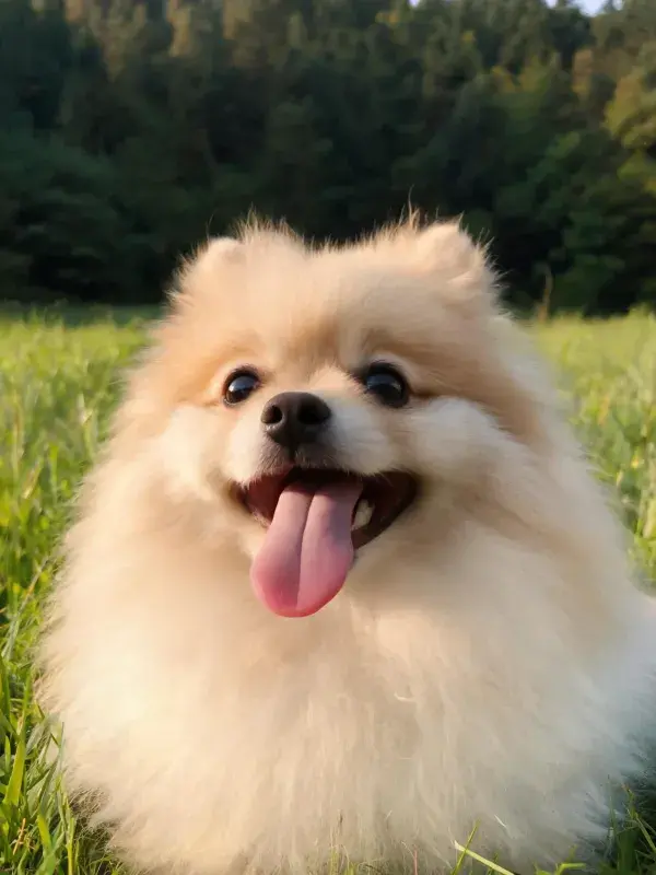 户外草地中博美犬的特写