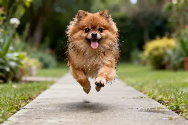 博美犬欢快奔跑在步道上