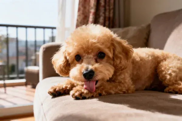 玩具贵宾犬趴卧在沙发上