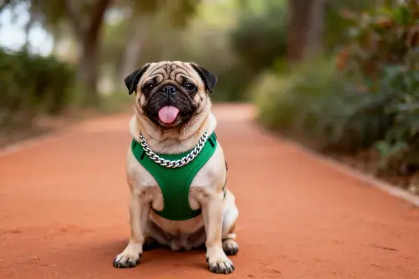 户外步道上绿色背带中的巴哥犬特写