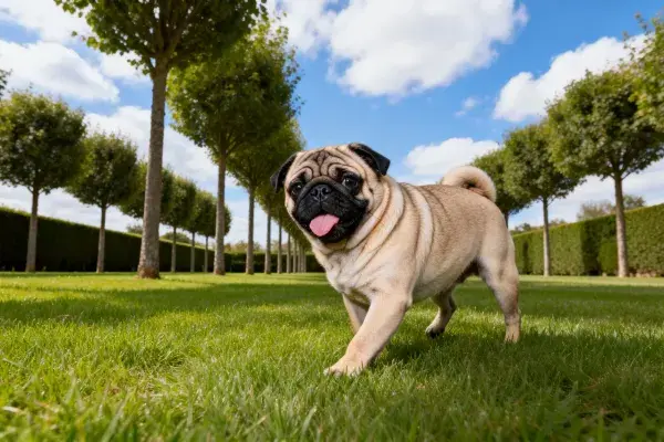 晴朗天气下的草坪上巴哥犬