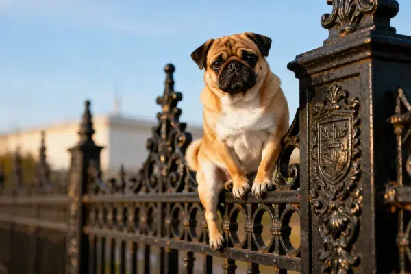 巴哥犬攀附在黑色铁栅栏上