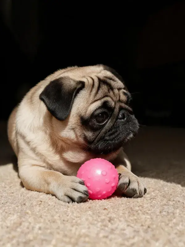 室内地毯上哈巴幼犬玩粉色球