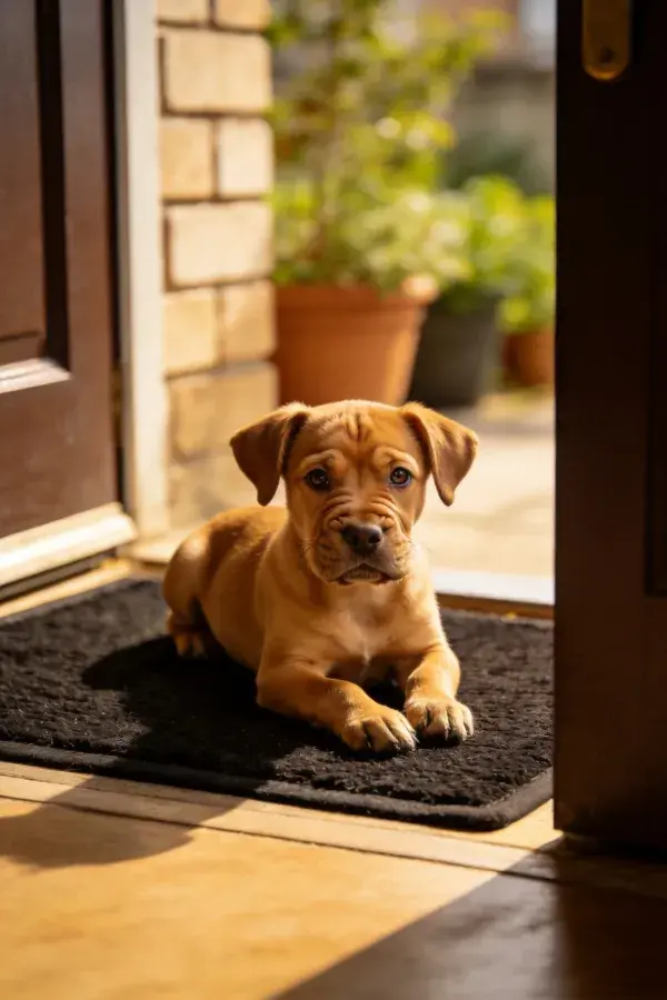 门廊处趴着的幼年猛犬混种犬